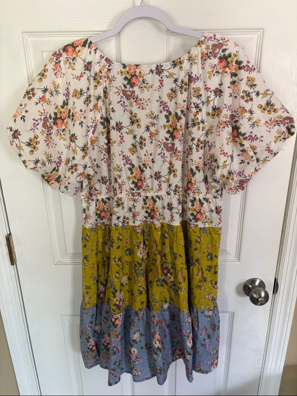 entro Floral Tiered Mini Dress in White, Olive, and Blue - Picture 8 of 11